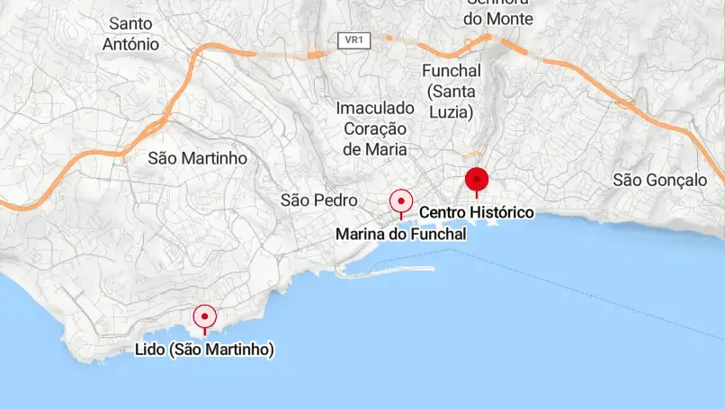 Mapa do Funchal com Lido, Marina do Funchal e Centro Histórico