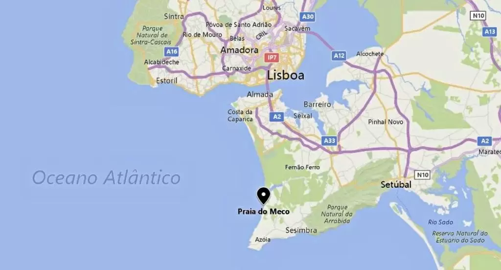 Mapa com a localização da Praia do Meco