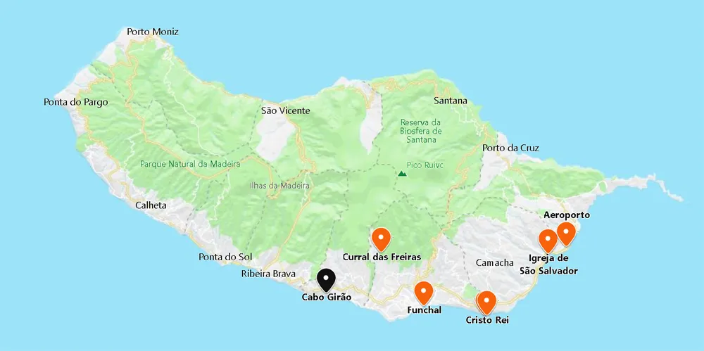 Mapa da ilha, identificando do Cabo Girão em Câmara de Lobos