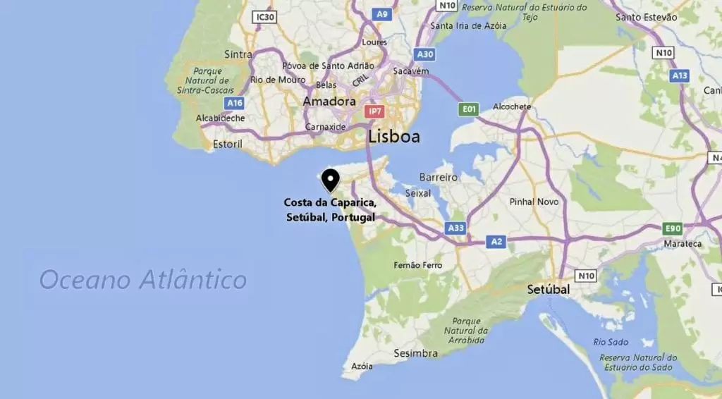 Localização no mapa da Costa da Caparica