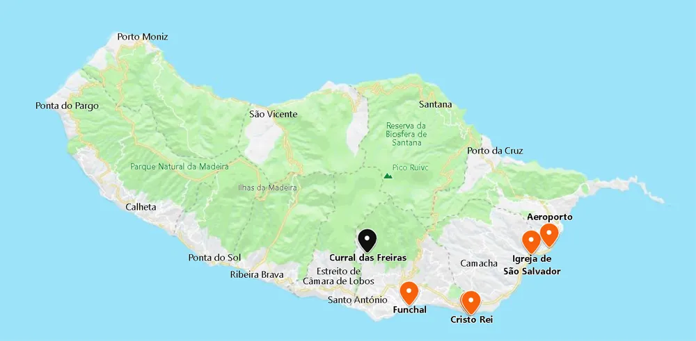 Mapa do Curral das Freiras - locais a visitar na ilha da madeira