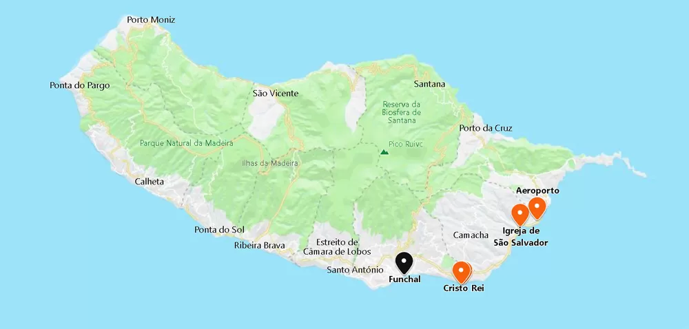 mapa da ilha da Madeira identificando Funchal