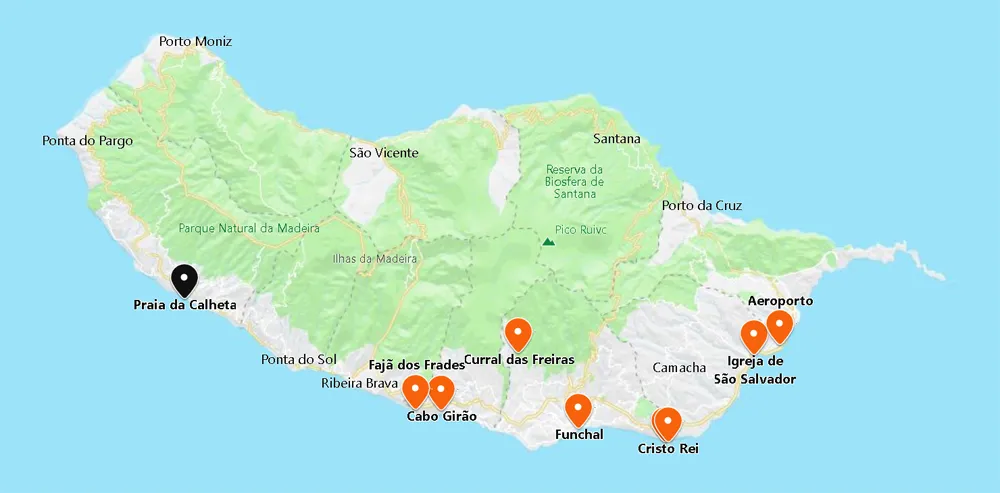 mapa da ilha identificando a localização da Praia da Calehta