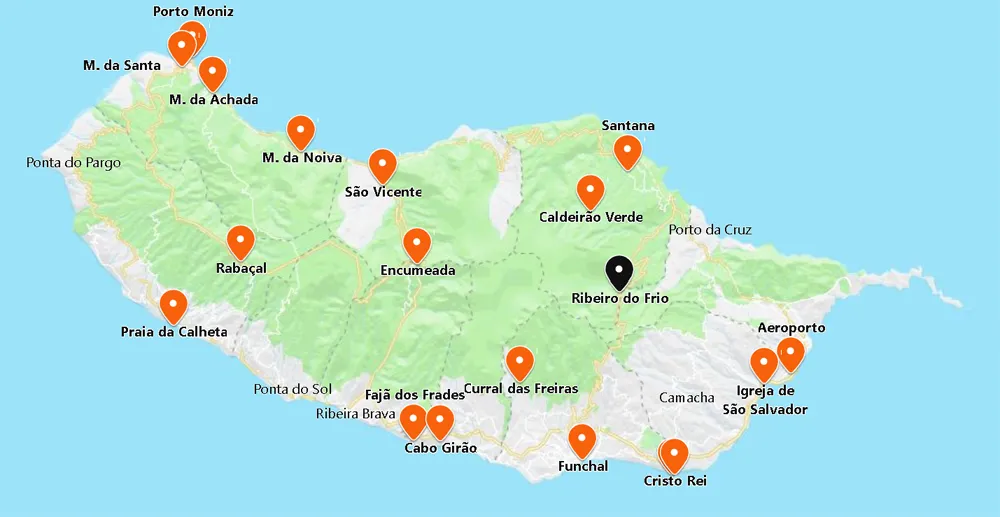 Mapa do Ribeiro Frio - o que visitar na ilha da madeira em portugal